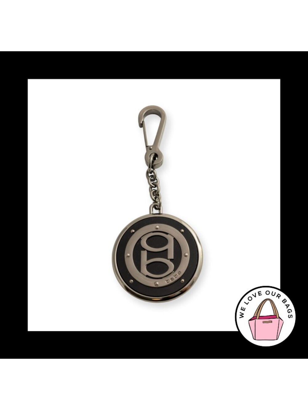 BEBE Hang Tag Large Round Black Gunmetal Chain Clip Bag Charm Keychain Fob
